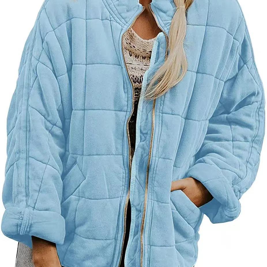 Women's Causal Lightweight Quilted Jackets Long Sleeve Oversized Warm Winter Zip Up Coat with Pockets