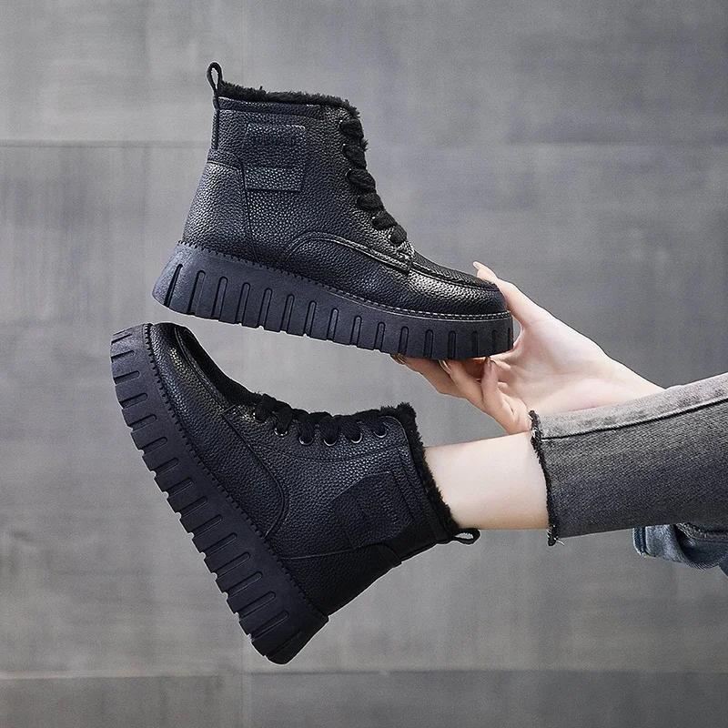 Зимние женские теплые короткие плюшевые хлопковые туфли, модные туфли на платформе со шнуровкой для женщин, повседневные ботильоны, высокие кроссовки