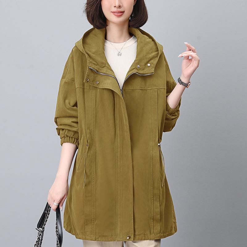 Women's Mid-Length Hooded Trench Coat, Spring/Autumn 2024: Pure Cotton, Long-Sleeve, Casual Workwear, Slimming Plus Size.