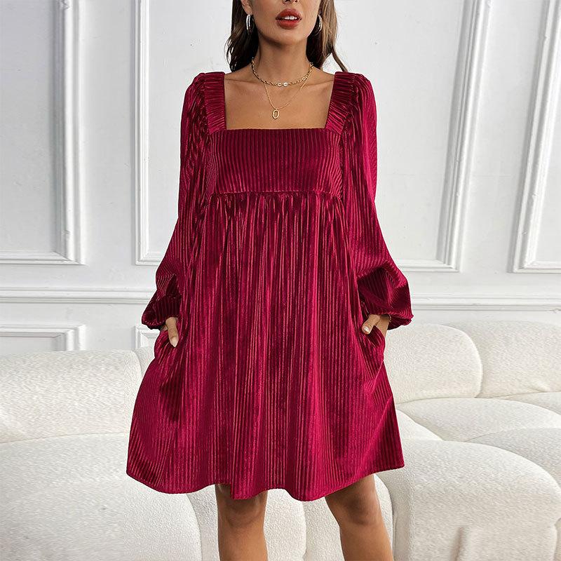 Autumn and Winter Women's Velvet Dress Square Neck Solid Colour Dresses