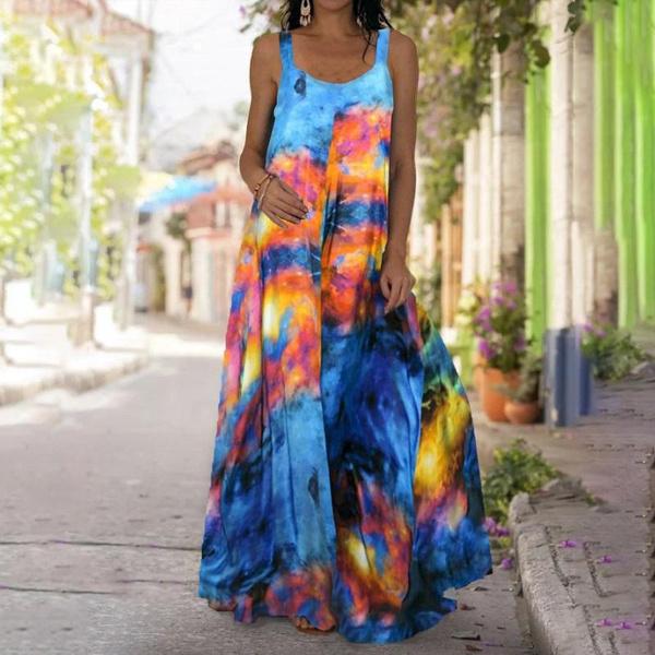 Women's Dresses Fashion Lightweight Sleeveless Party Long Dresses Loose Spaghetti Strap Tie Dye 3D Printed Maxi Dresses Casual V Neck Swing Dress