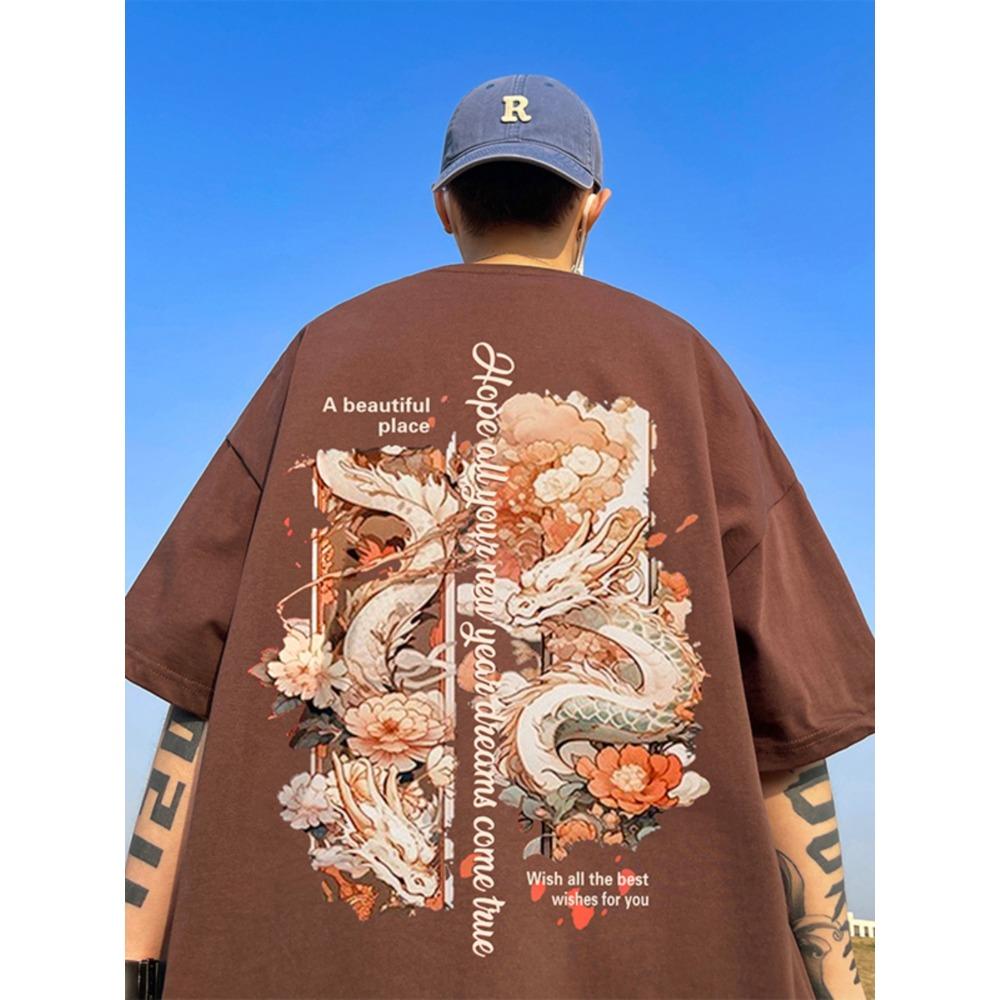 Футболка с коротким рукавом с принтом «Год Дракона, год Хонмэй», мужская летняя, 100% хлопок, принт «Национальный прилив», свободный покрой