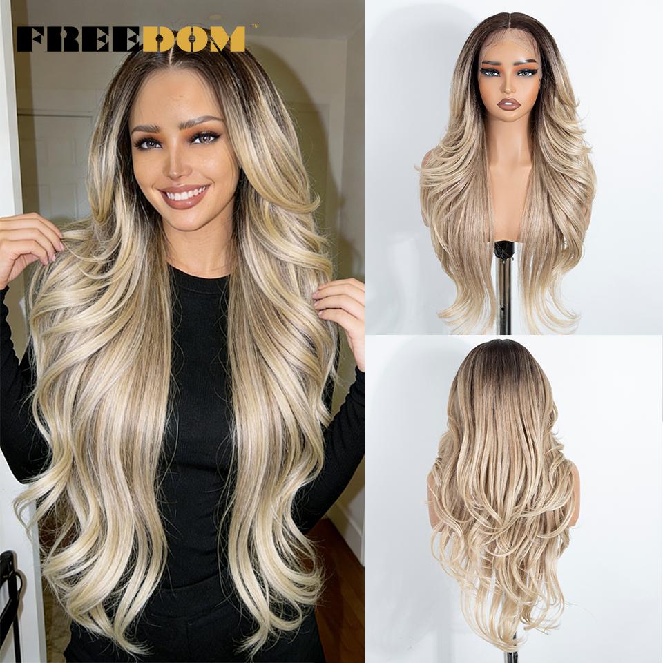 FREEDOM Synthetic Lace Front Wigs For Women 28 Inches Long Layered Wavy T Part Ombre Brown Blonde Wig With Bangs Cosplay Wigs