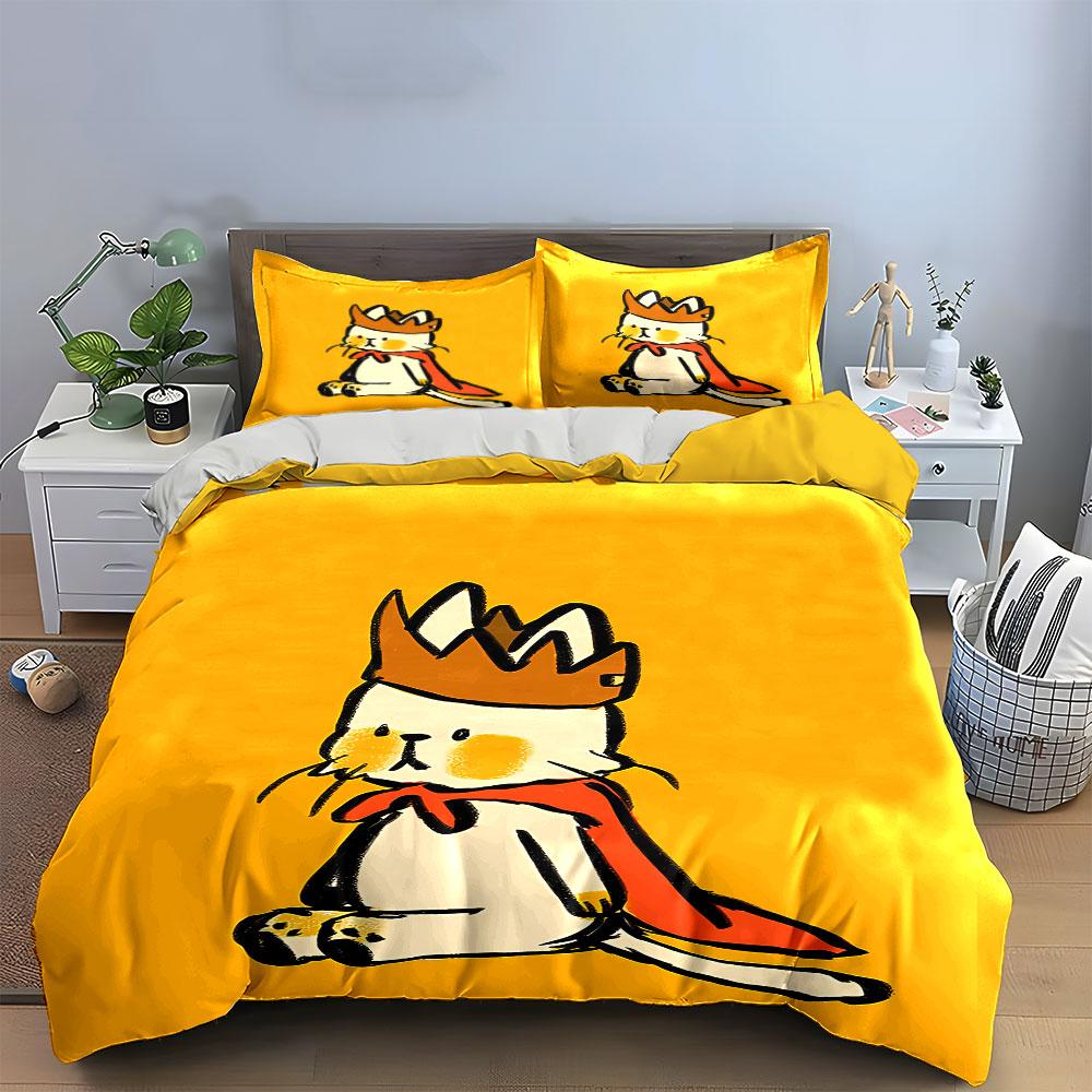 Cartoon Cat King with Crown Bedding Duvet Cover Set Duvet Cover Pillowcases (1*Duvet Cover 2*Pillowcases, without duvet insert)