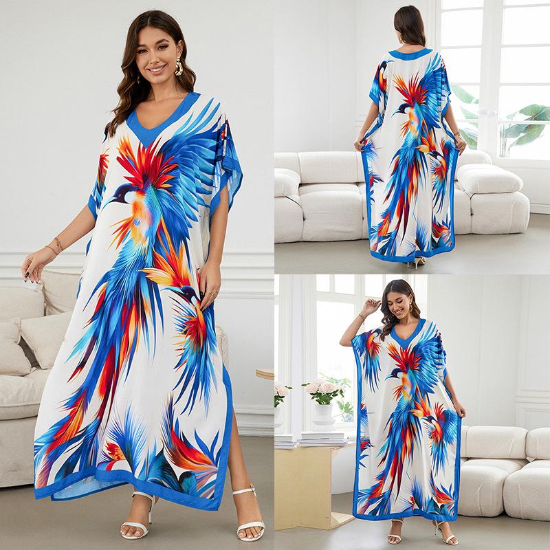 Свободный хлопковый халат большого размера с принтом - Пляжная накидка для женщин