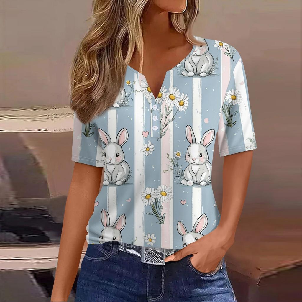 Women's T Shirt Print Button Short Sleeve Daily Weekend Fashion Basic V-Neck Regular Top