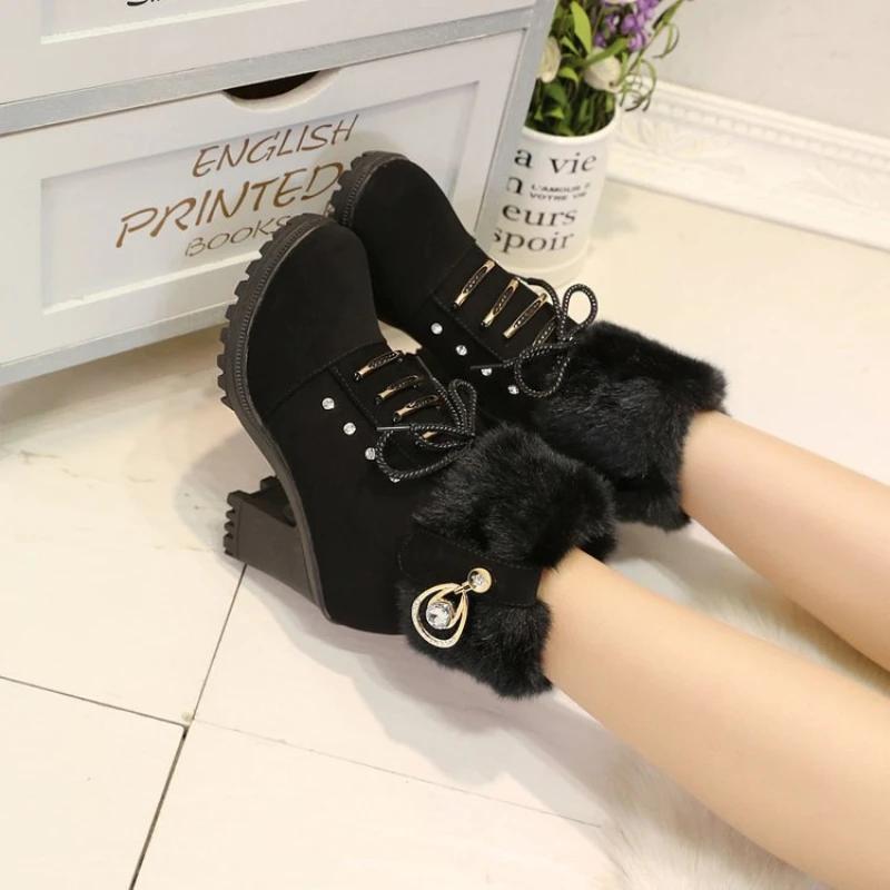 2024 зимние туфли на толстом каблуке со стразами и мехом, короткие туфли Botas Mujer, однотонные, со шнуровкой спереди, нескользящие, на высоком каблуке, большого размера для женщин