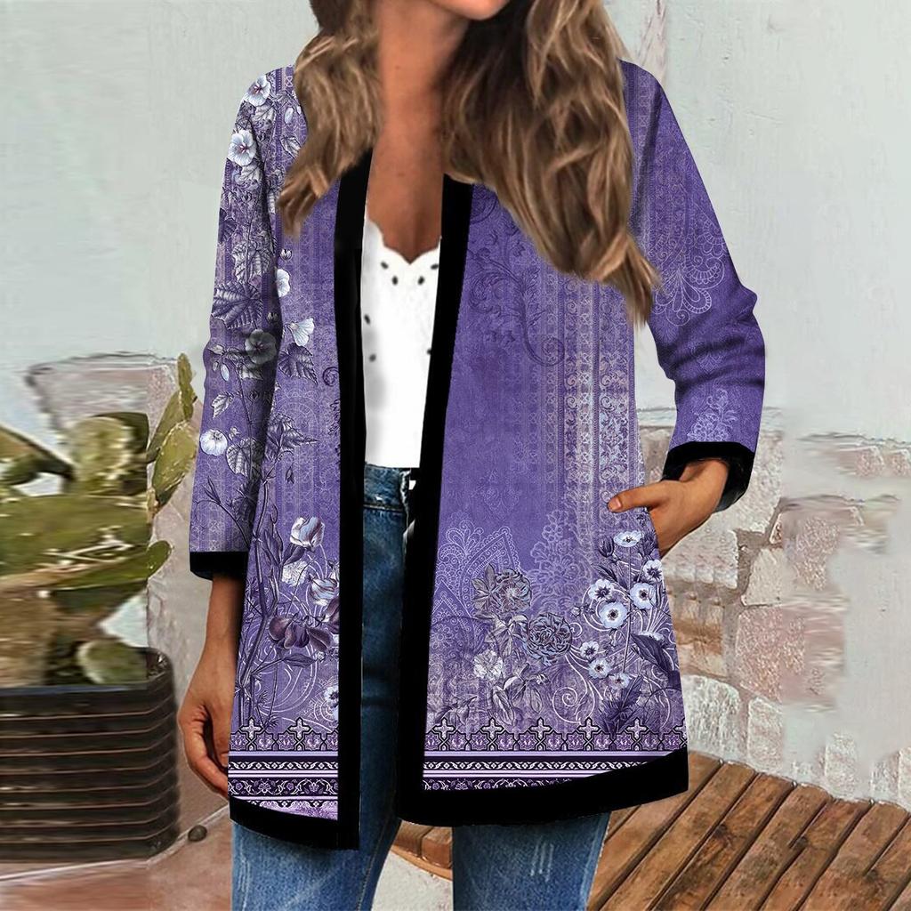 Women's Fall And Winter Fashion Casual Printed Long Sleeve Mid-Length Cardigan Jacket
