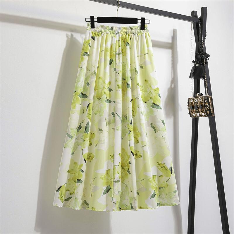 Женские макси-юбки, модные женские винтажные юбки трапециевидной формы с цветочным принтом и эластичной резинкой на талии, женские повседневные свободные шифоновые юбки