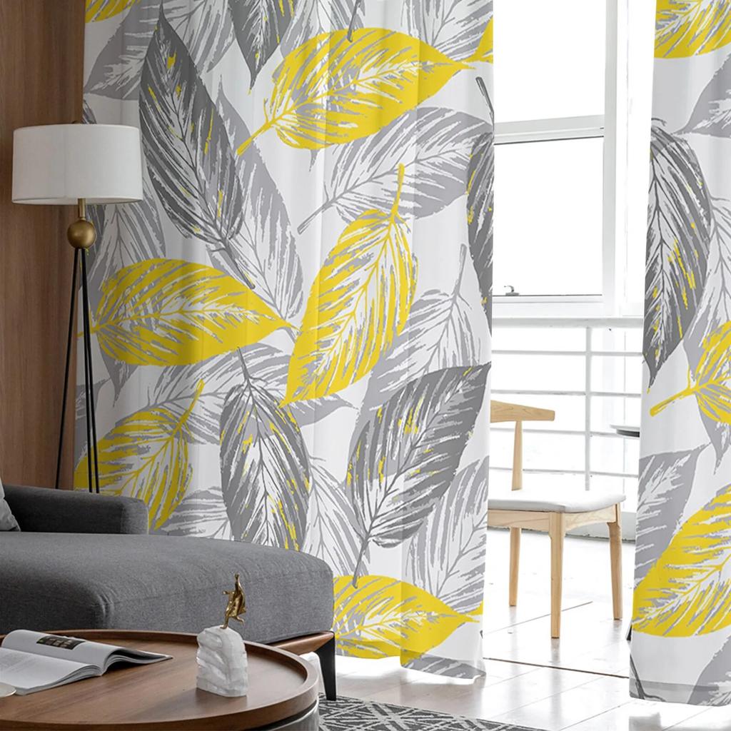 Yellow-Gray Leaves Texture Sheer Curtains For Living Room Bedroom Tulle Curtain For Kitchen Voile Curtain Blind Panels