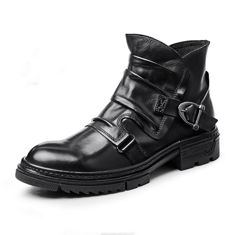 Men's Motorcycle Boots Genuine Leather Shoes Men Buckle Ankle Boots Handmade Retro Leather Boots Luxury Men's Retro Shoes