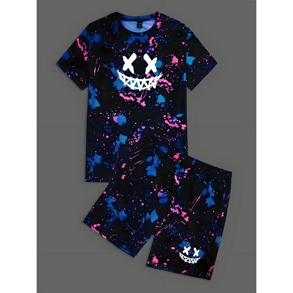 Summer Everyday Casual Men's Short Sleeve Shorts Set Colorful Bear Print Men's T-shirt And Colorful Graffiti Print Shorts Set