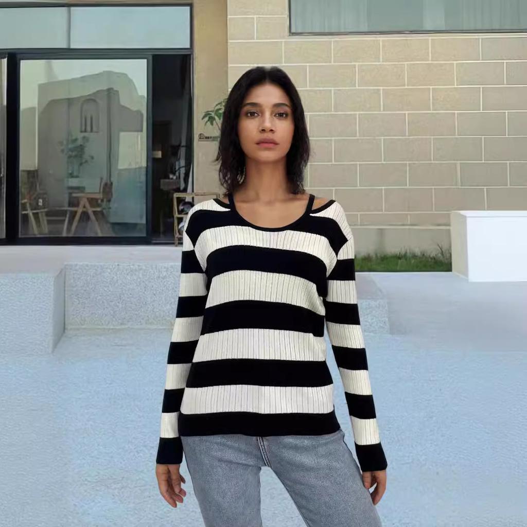 Женский вязаный свитер с круглым вырезом, пуловер с лямками, джемперы с длинным рукавом, полосатый вязаный свитер, верхняя одежда