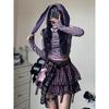 Y2k Rabbit Ears Graphic Crop T Shirts Women Harajuku Kawaii Striped Off Shoulder Hood Tops Aesthetic Goth Cute Lolita Tees