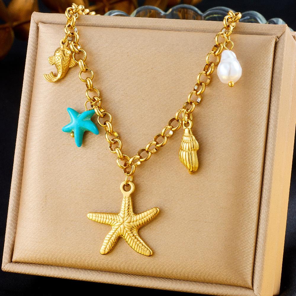 Fashion Vacation Ocean Drop Oil Dolphin Pearl Shell Starfish Chunky Chain Necklace