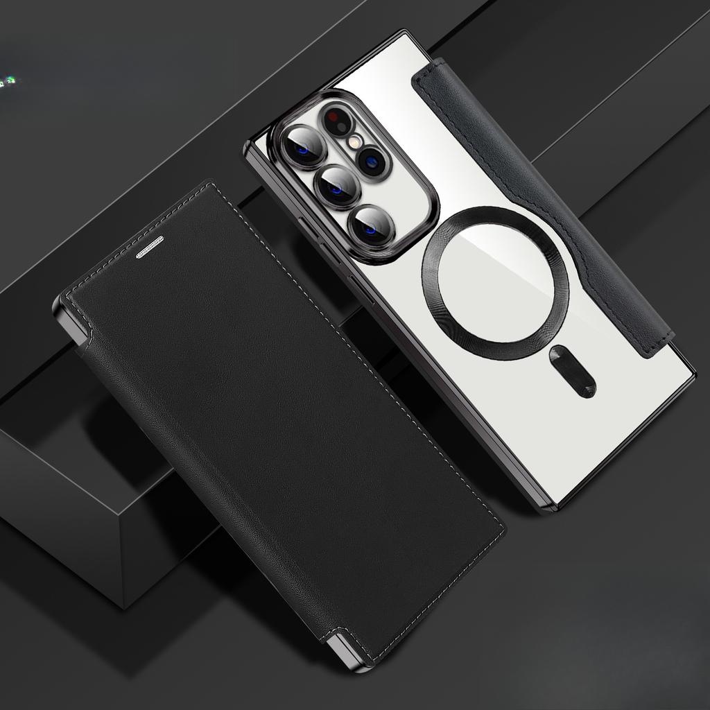 Подходит для Samsung S25Ultra Гальванизированный Магнитный Чехол-книжка Кожаный Чехол, Чехол для телефона S25EDGE, Чехол с карманом для карт и защитной пленкой для объектива