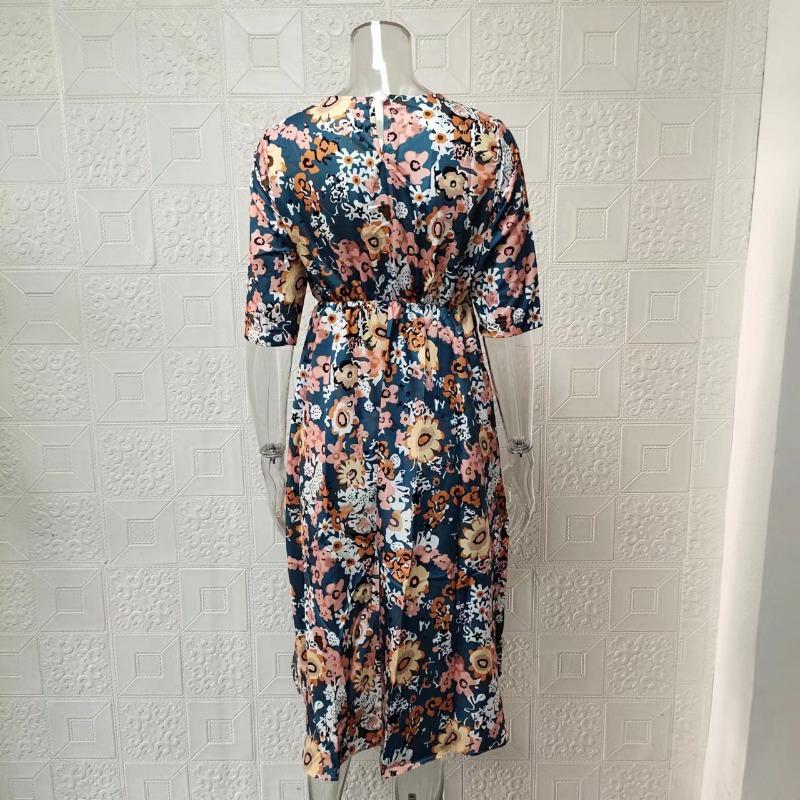 Модное женское платье с цветочным принтом больших размеров, летние карманные винтажные свободные повседневные платья, женские элегантные простые офисные женские платья с круглым вырезом 24258