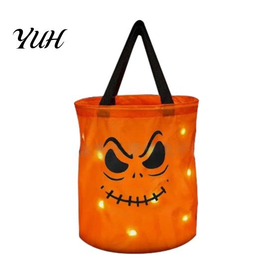 Illuminated Halloween Candy Basket Glowing Pumpkin Bag with LED Lights, Reusable Treat Spooky Tote Lights for Kids, Trick or Handbag Party Favors