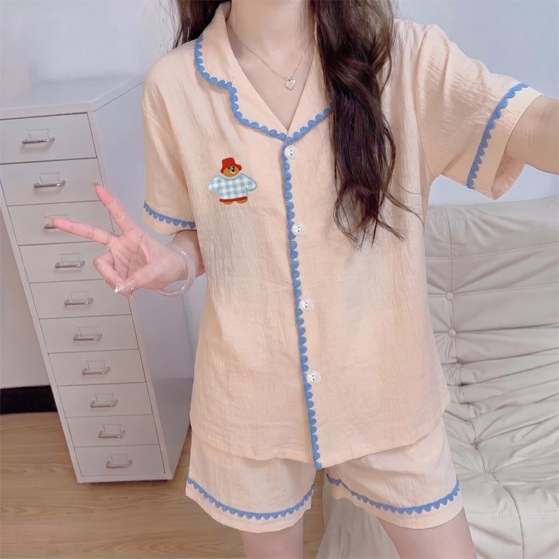 Contrasting color embroidered shell edge pajamas women's summer new cloud cotton striped cartoon short-sleeved shorts loungewear