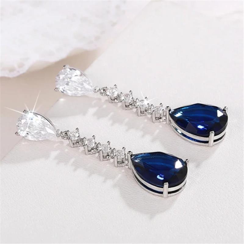 925 Sterling Silver Blue Cubic Zirconia Long Hanging Earrings for Women Wedding Anniversary Party Elegant Female Jewelry