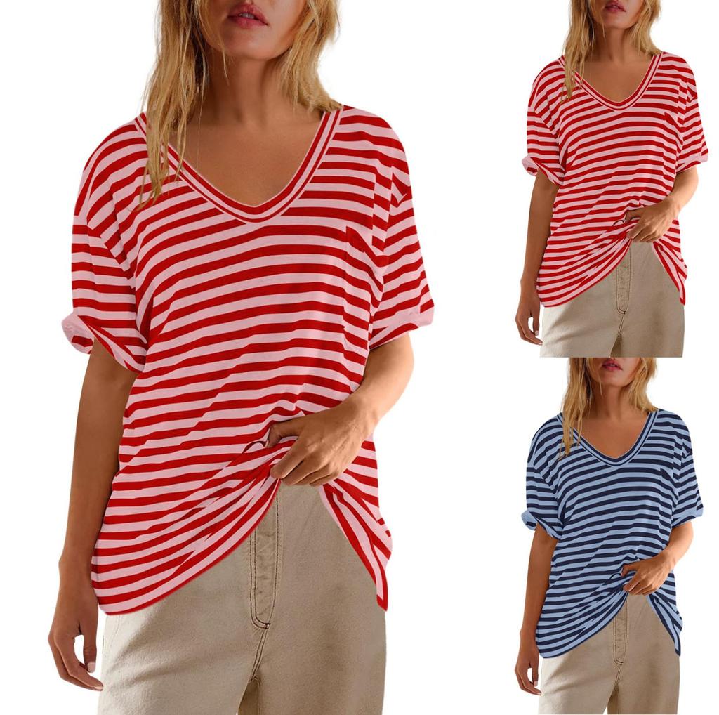 Womens Summer Tops Oversized Striped T Shirts Short Sleeve  Tunic Tops Tee Blouse