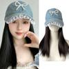 Парик Регулируемая Джинсовая Шляпа Парик Жемчужный Бант Длинные Прямые Волосы Кружевная Бейсболка с Париком Спорт