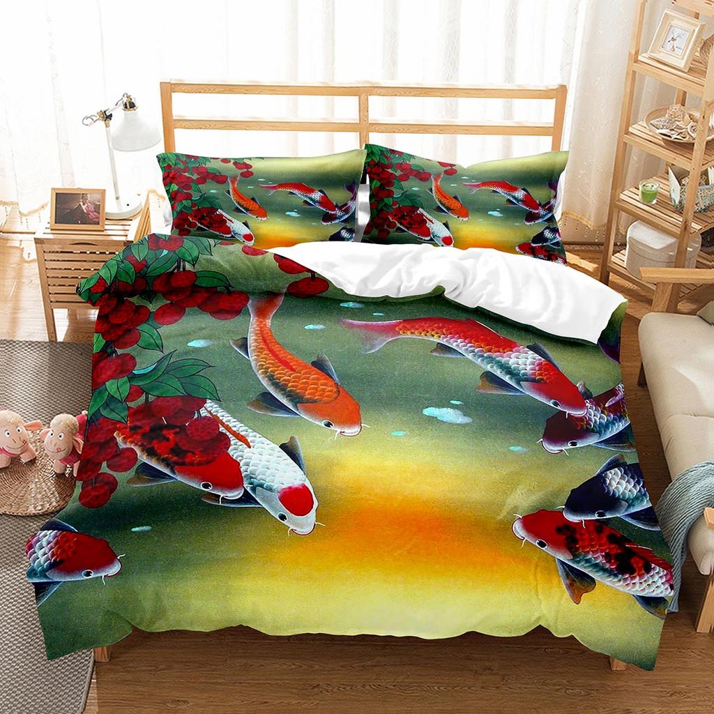 Fish Duvet Cover Set Koi Carp Pattern Polyester Comforter Cover King Queen Full Size for Kids Teens Bedding Set with Pillowcase