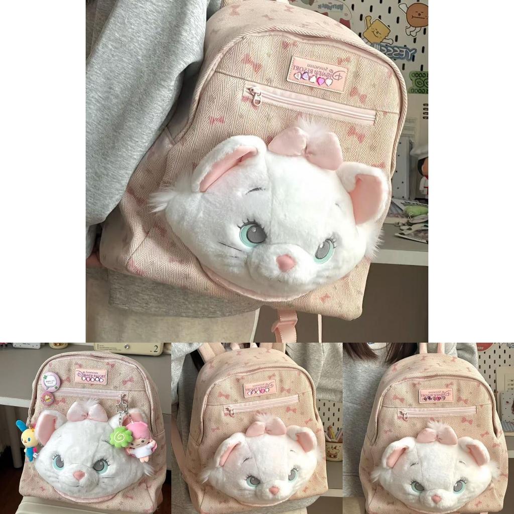 Disney Marie Cat Cartoon Canvas Backpack With Plush Details For Casual School Use