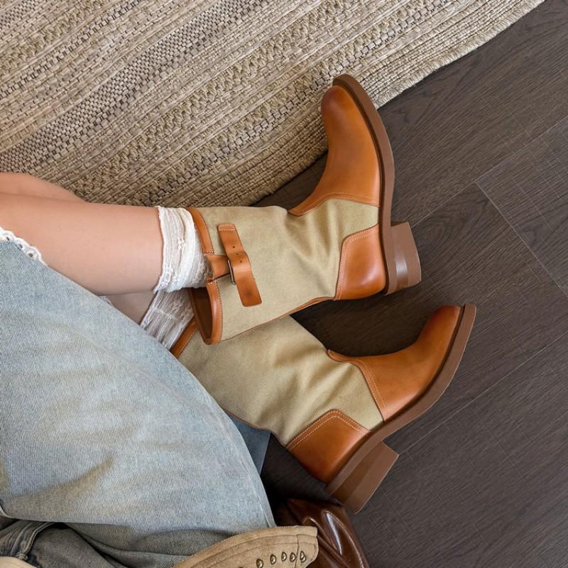Womens Western Mid-Calf Boots Genuine Leather Patchwork Casual Fashion With Belt Buckle
