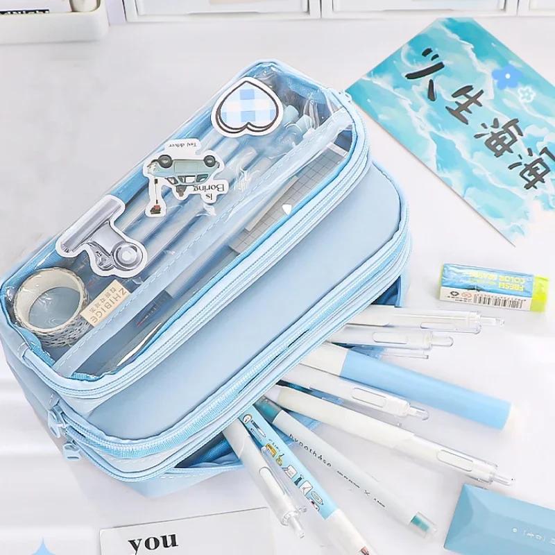 Chic Solid Color Pencil Case Korean Simplicity Transparent Pen Pouch Large Capacity Stationery Organizer Bag School Supplies