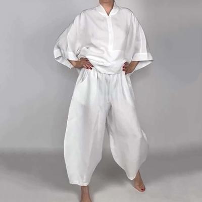 2 шт./комплект женский рубашка брюки комплект половина молния воротник стойка рукава девятый топ широкий штанина свободный