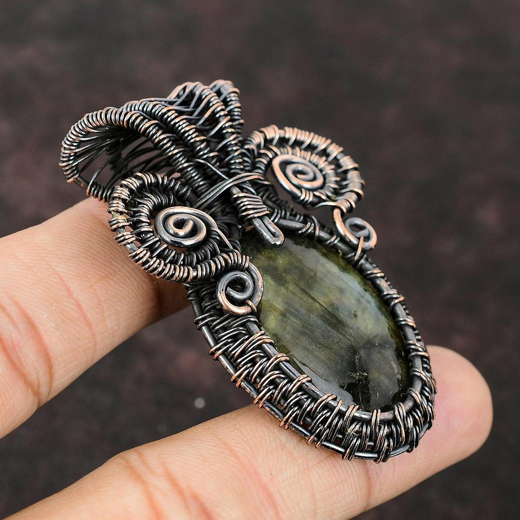 Медный кулон с лабрадоритом, обернутый проволокой, ювелирные изделия из драгоценных камней, стильный кулон, медные украшения ручной работы, лечебный камень, ювелирные изделия из лабрадорита для нее