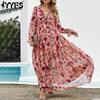Женская мода весна осень цветочный узор принт с длинным рукавом V-образным вырезом с высокой талией повседневные платья