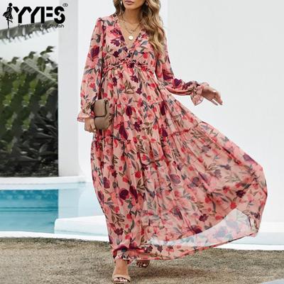 Женская мода весна осень цветочный узор принт с длинным рукавом V-образным вырезом с высокой талией повседневные платья