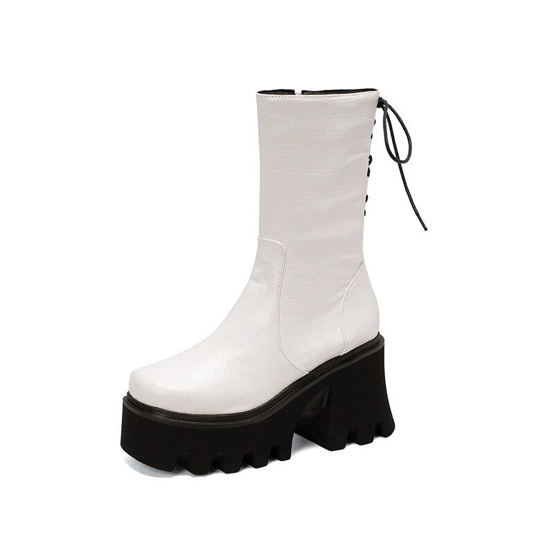 Size 34-44 Est Arrive Est Estpu Zipper Ankle Boots Square Toe Thick High Heels Boots Woman Punk Ladies Platform Boots White