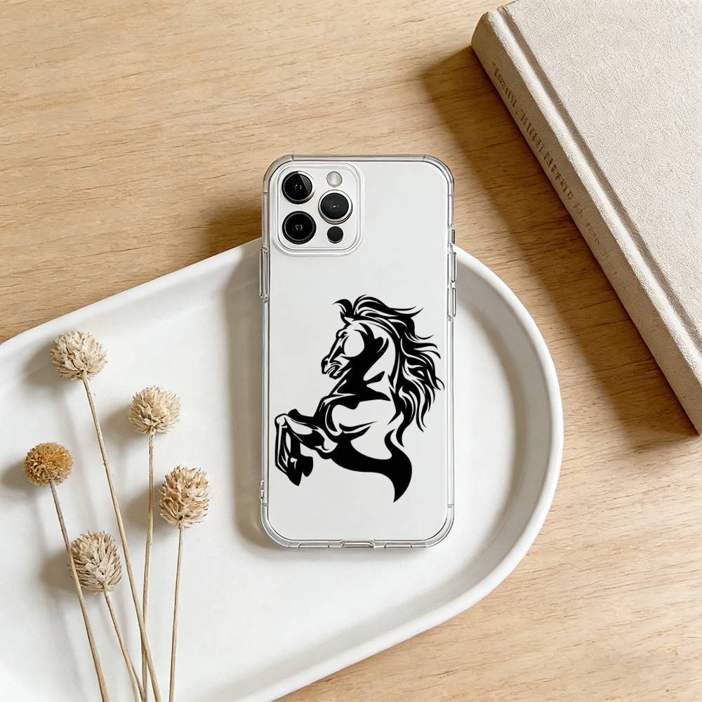 Чехол для телефона с рисунком бегущей черной лошади для iPhone 17 16 15 14 13 12 11 Mini Pro Max Plus Прозрачный чехол