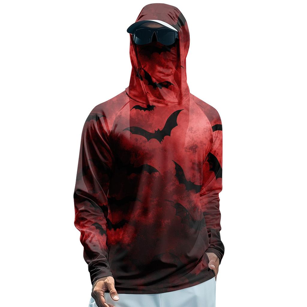 Мужская худи реглан для рыбалки с принтами на Хэллоуин - UPF 50+ УФ защита, длинный рукав, солнцезащитная рубашка с сетчатым козырьком