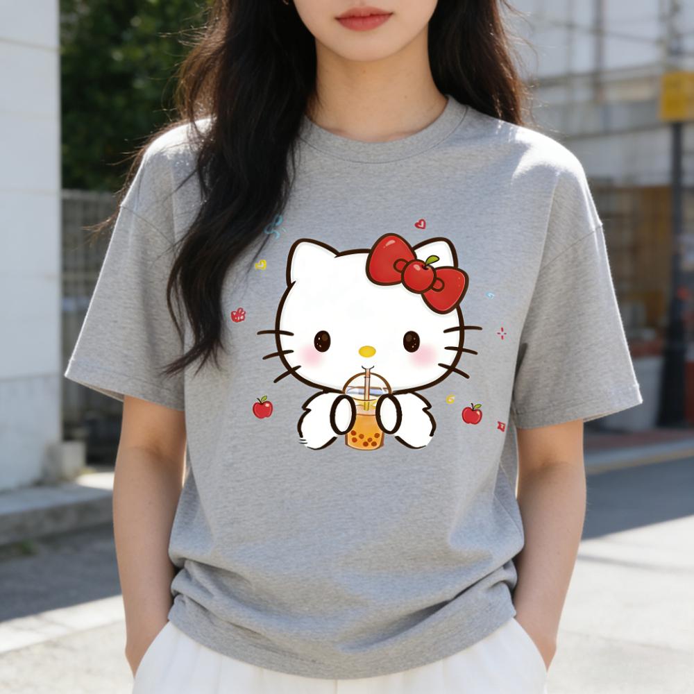 Летние футболки с принтом Hello Kitty для женщин, короткий рукав, 100% хлопок, семейные matching-наряды, топы, модные Y2k