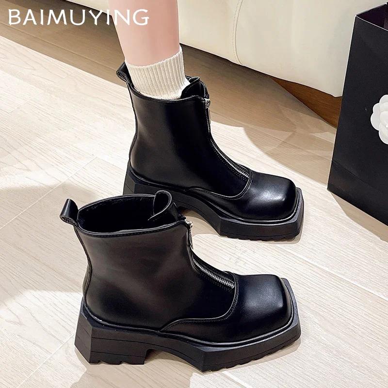 Женские ботильоны на платформе из кожи с квадратным носком и средним каблуком, модная обувь 2025 года, массивные туфли-лодочки на молнии, зимние мотоциклетные ботинки-ботинки женские