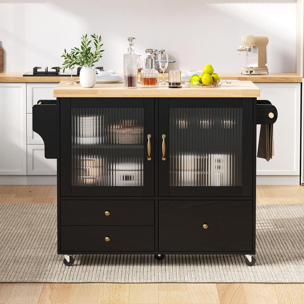 Mobile kitchen island with wheels and pull-out dining table, kitchen trolley with wine glass holder and storage, for kitchen and dining room (Black)