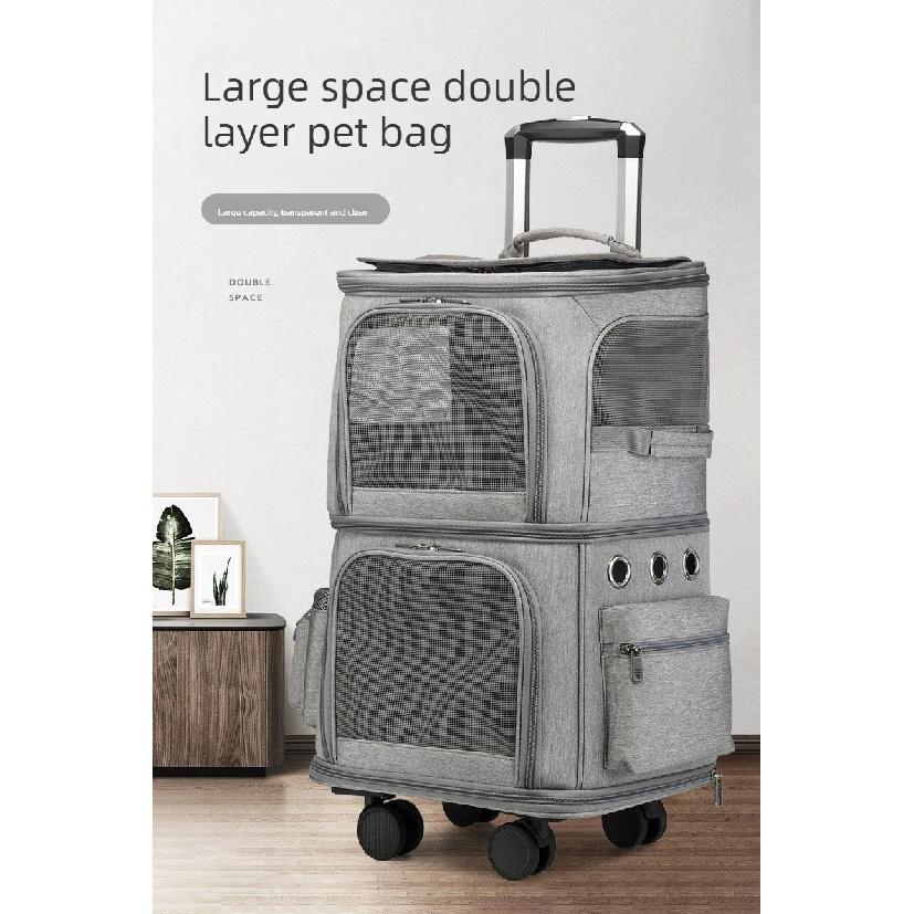 2-in-1 Rolling Pet Carrier Double Compartment Foldable Cat Stroller Large Breathable Travel Carrier for 2 Cats, Airline Approved
