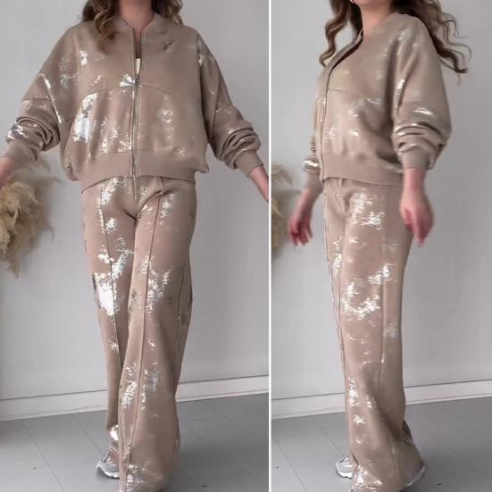 2 шт./компл. женский костюм с воротником-стойкой на молнии с длинными рукавами эластичные манжеты с блестками пальто с эластичной резинкой на талии толстые широкие брюки осенне-зимний спортивный костюм