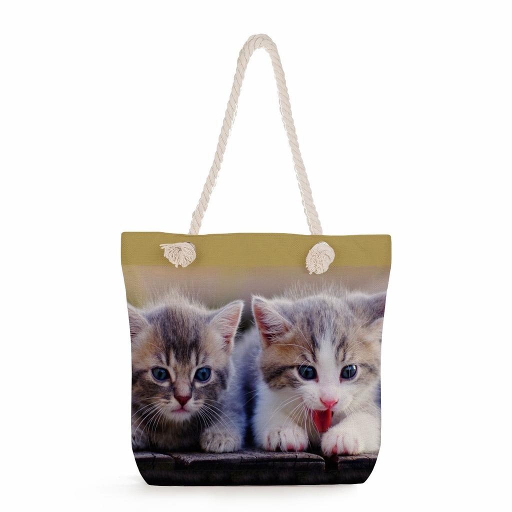 Cat print thick rope single-shoulder beach bag 7266 CLE
