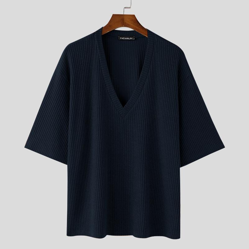 INCERUN Мужские повседневные трикотажные топы с глубоким V-образным вырезом и длинным рукавом