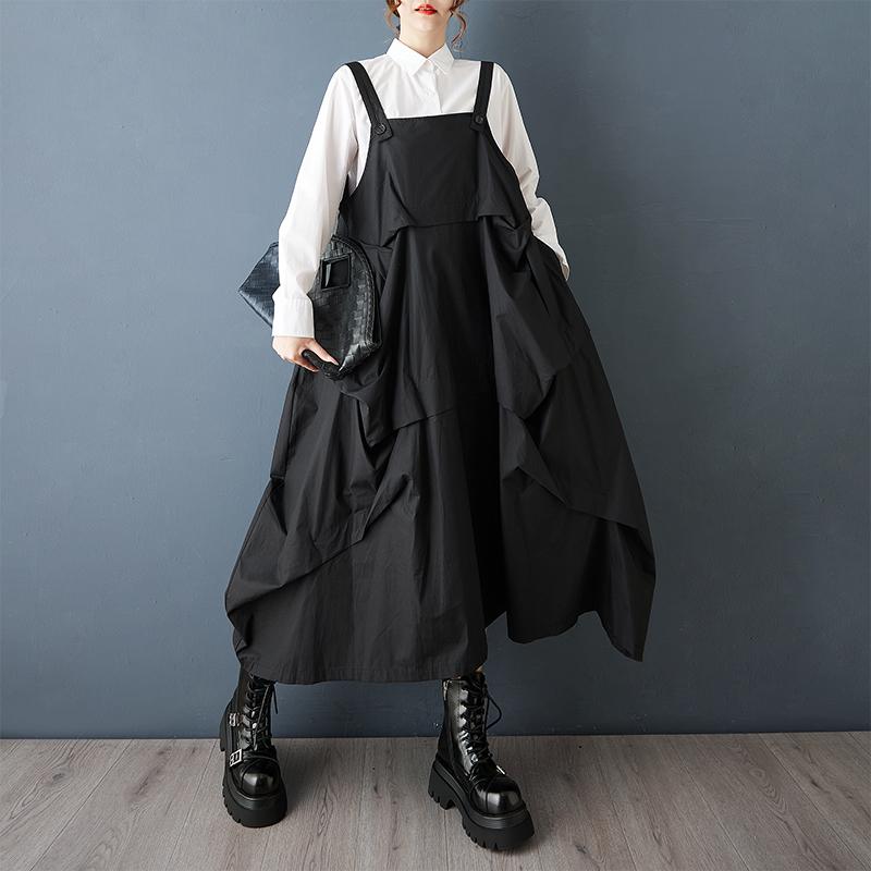 DIMANAF 2025 Осень Женское Повседневное Длинное Платье Большого Размера Свободное Модное Женское Платье Макси Без Рукавов Черное