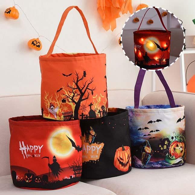 Halloween Candy Bucket Decoration With Lights Halloween Basket Lights Reusable Candy Basket Tote Bag For Party Favors