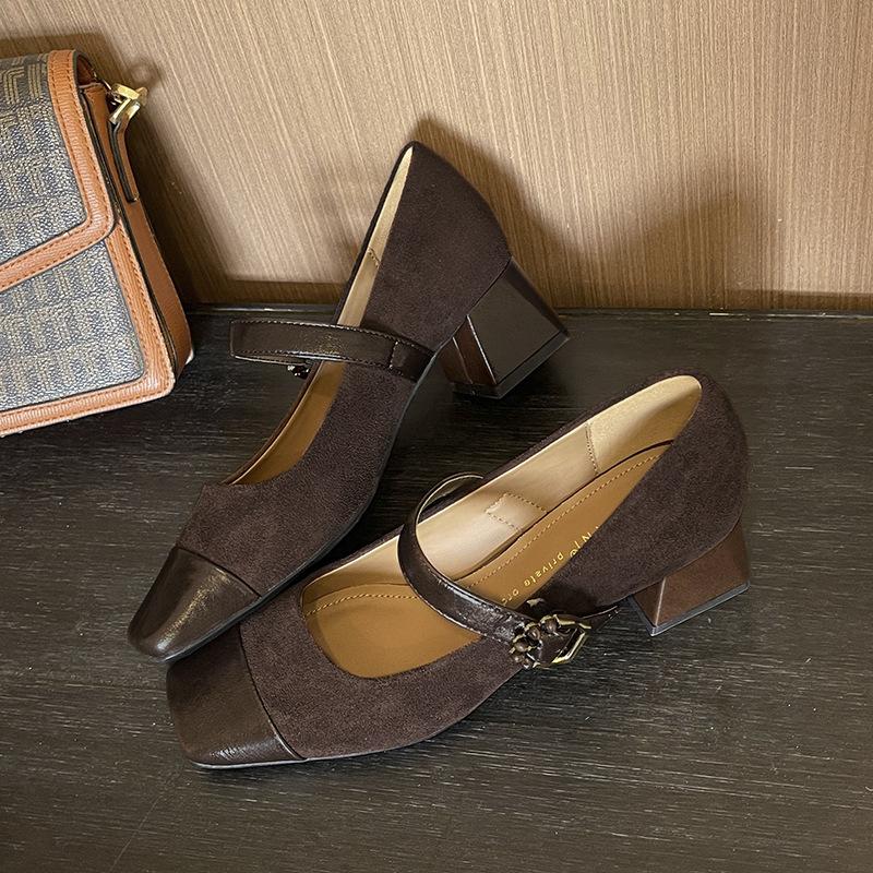 Cashmere splicing square head thick heel single shoes women's middle heel soft leather one-word buckle Mary Jane shoes spring and autumn
