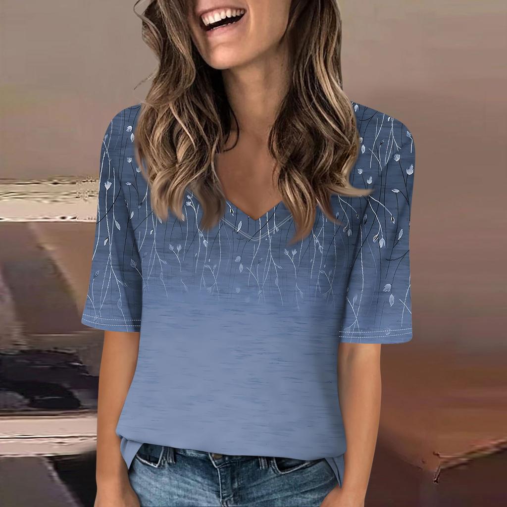 Shirts For Women Trendy V Neck T Shirts Casual Printed Summer Tees T Shirt Blouse Half Sleeve Tops For Women