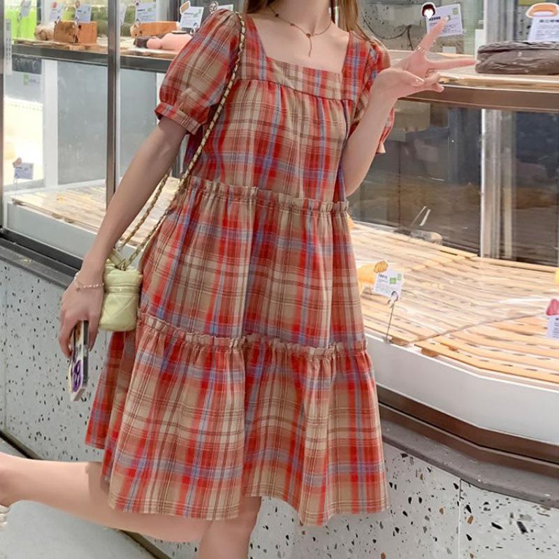Свежее клетчатое платье А-силуэта с короткими рукавами для миниатюрных женщин, 2024
