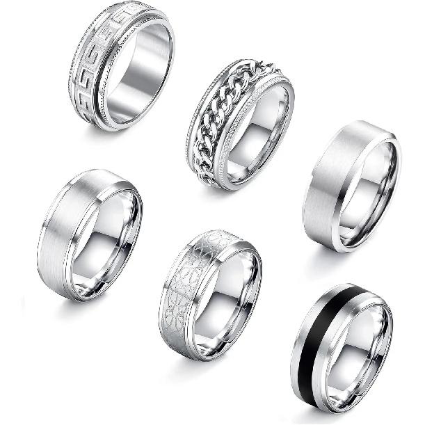 6Pcs Mens Rings 316L Stainless Steel for Men Women Vintage Thumb Engagement Ring Wedding Band Fidget Ring Set Jewel Gift